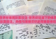 世界杯体育彩票投注-世界杯狂潮下的体育彩票投注，热情与策略交织的观赛新体验