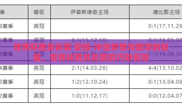 世界杯胜负彩票 安排-冲击梦想与数字的较量,世界杯胜负彩票的巧妙安排 世界杯胜负彩票 安排-冲击梦想与数字的较量,世界杯胜负彩票的巧妙安排