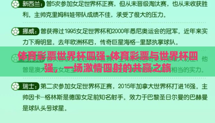 体育彩票世界杯四强-体育彩票与世界杯四强,一场激情四射的共赢之旅 体育彩票世界杯四强-体育彩票与世界杯四强,一场激情四射的共赢之旅